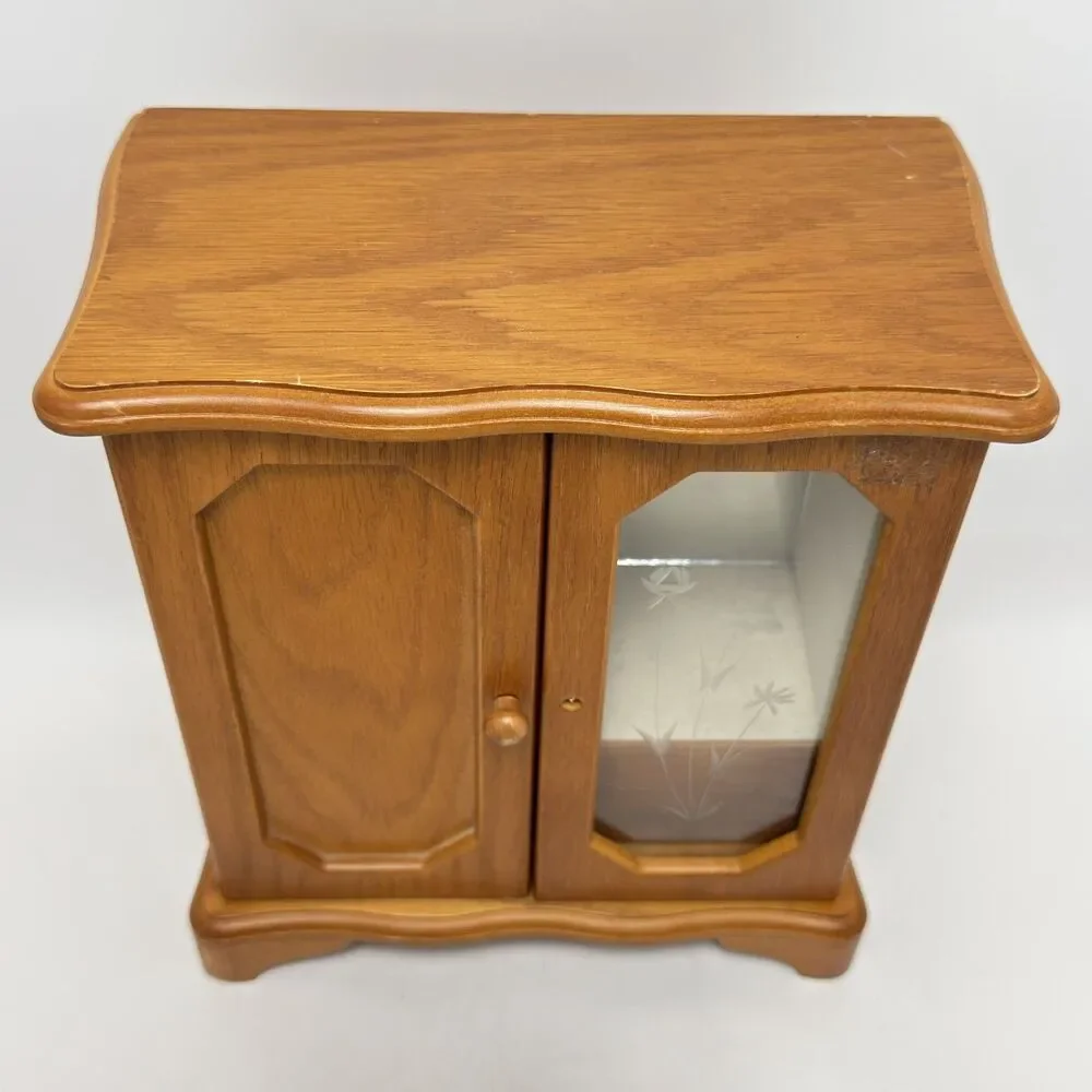 Vintage Wooden Jewelry Box Armoire Wood Tabletop Jewelry Organizer With Mirror